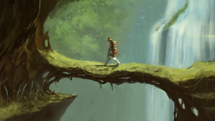 Fantasy art of a trekker crossing a natural bridge near a waterfall