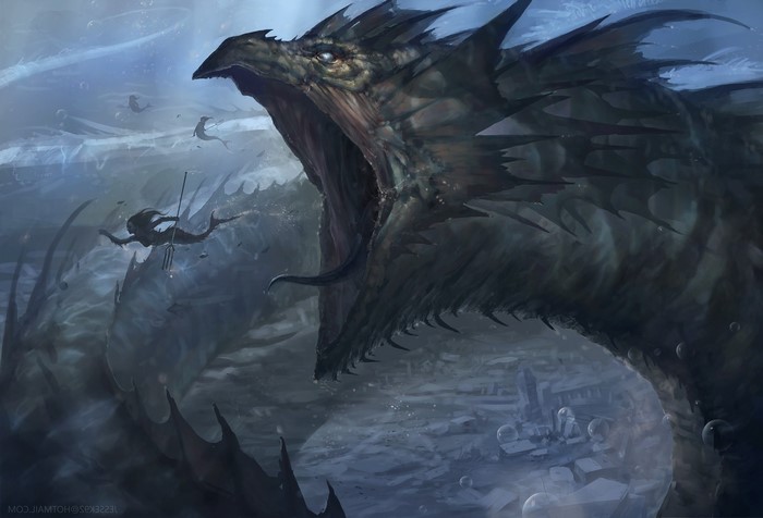 Fantasy art of a leviathan attacking a mermaid