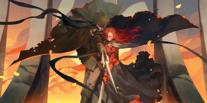 Fantasy art of a masked man embracing a redhead woman