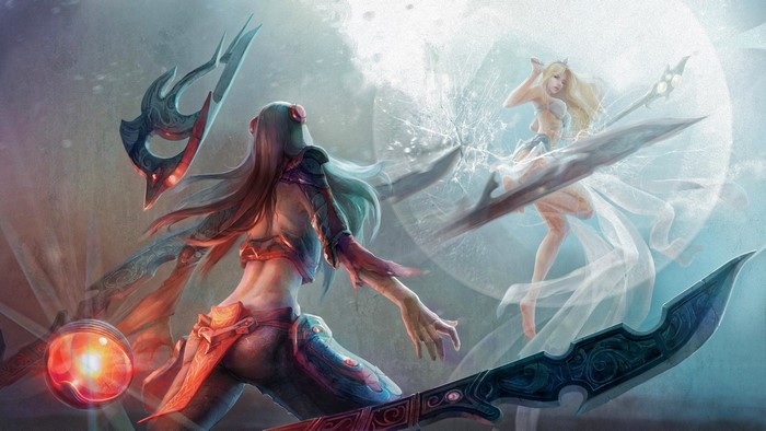 Irelia and Janna from League of Legends fighting