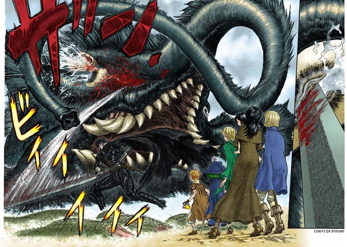 Guts fighting a dragon in Berserk manga