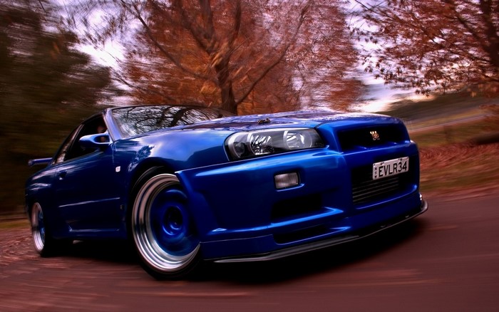Blue Nissan Skyline GT-R R34 with Motion Blur