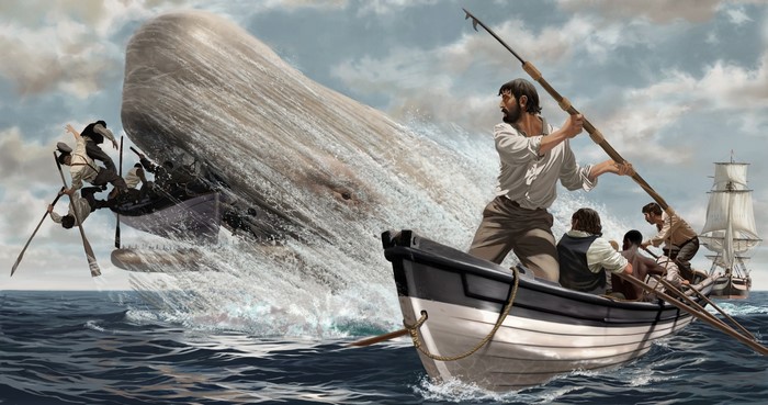 Moby Dick whale attack on a whaling boat