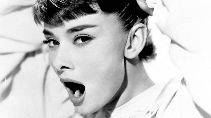Audrey Hepburn with open mouth