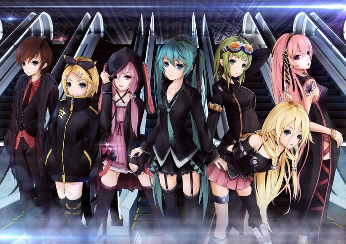 Vocaloid characters on escalators