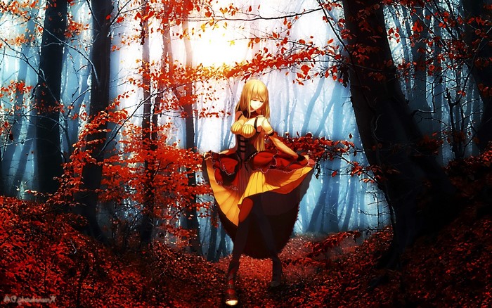 Anime girl in a red and yellow dress in a forest