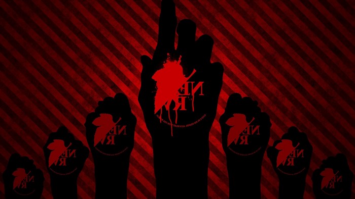 Neon Genesis Evangelion fists with logos