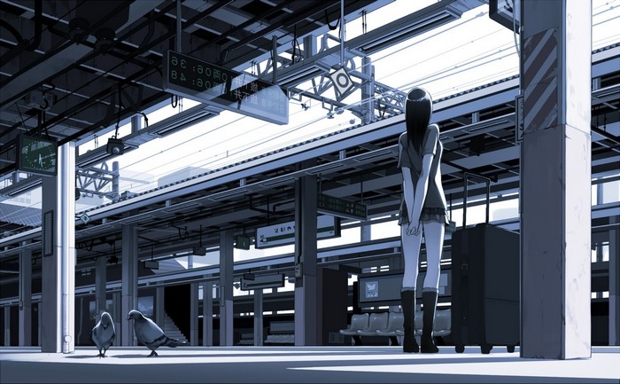 Anime girl waiting at a train station with pigeons