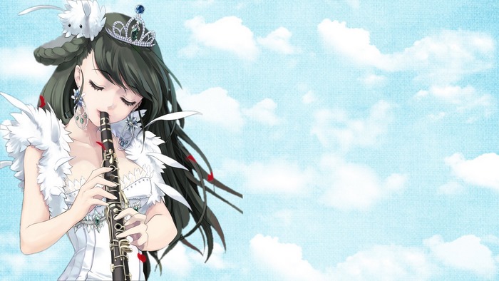 Anime girl playing clarinet with crown and fluffy creature