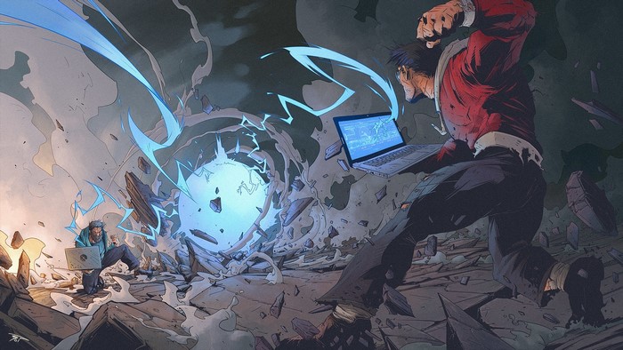 Two men with laptops in a destructive environment