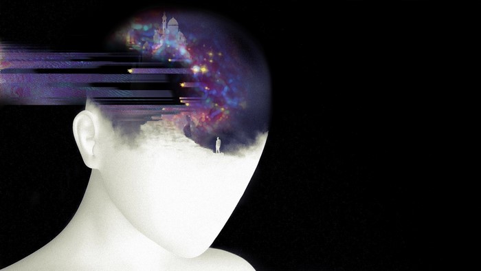 Glitch art of a head with a colorful galaxy and palace inside