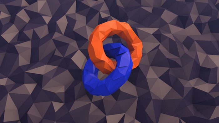 Interlocking low poly rings on a geometric background
