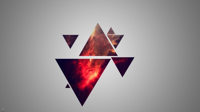 Geometric triangles with nebula patterns on a gray background