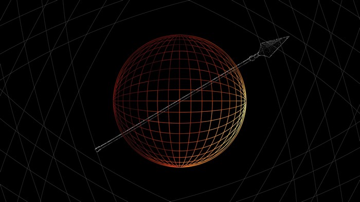 Wireframe sphere with spear on a grid background