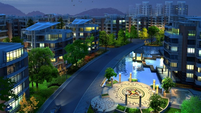 Modern apartment complex with water features and a compass design