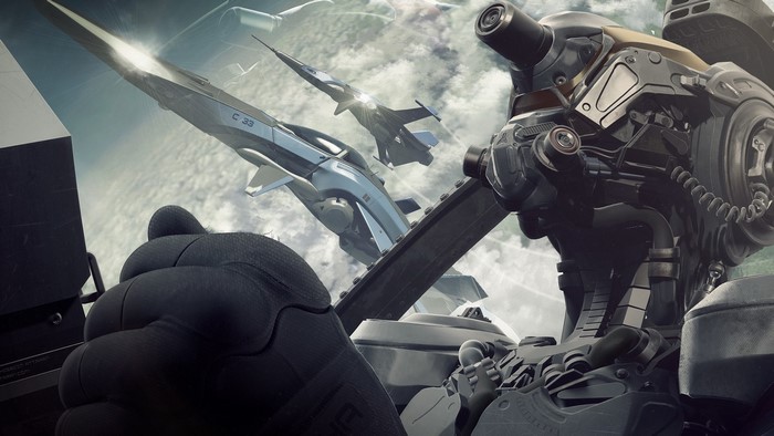 Futuristic pilot in cockpit with jets flying