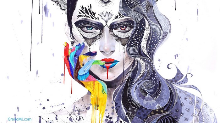 Digital art portrait of a woman with colorful hand on lips