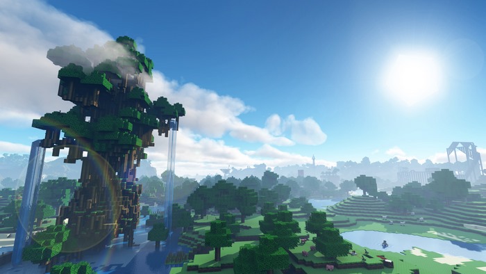 Minecraft world with giant tree and waterfalls