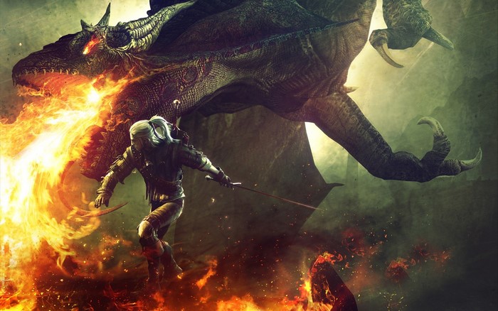 Geralt of Rivia fighting a dragon in The Witcher 2