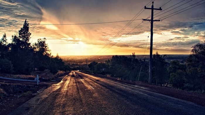 Road at sunset with power lines and trees