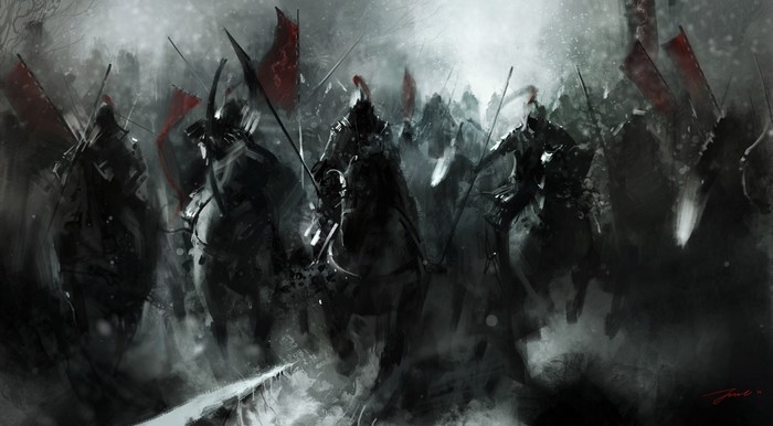 Warriors on horseback with red flags in a battle