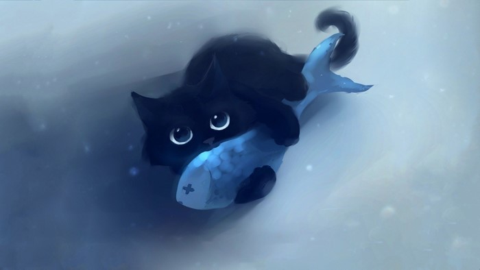 Black cat holding a blue fish