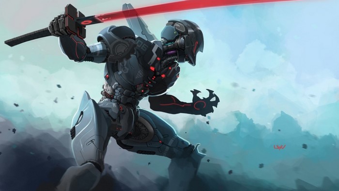 Robot with a laser sword in a battle