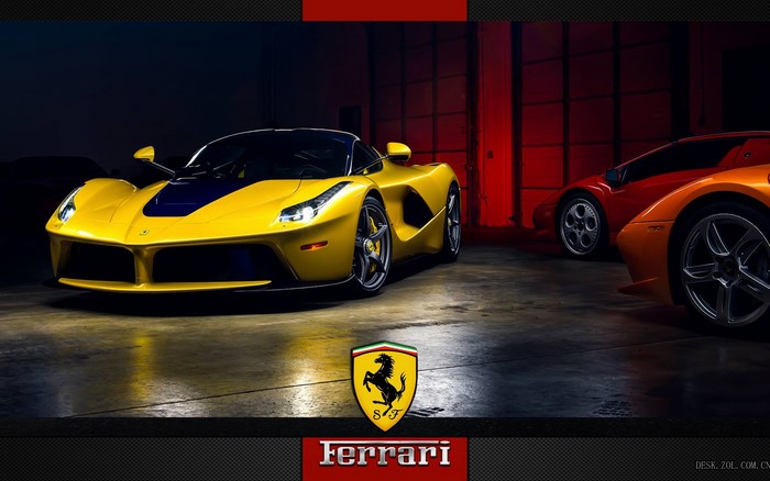 Yellow Ferrari LaFerrari and other Ferraris in a garage
