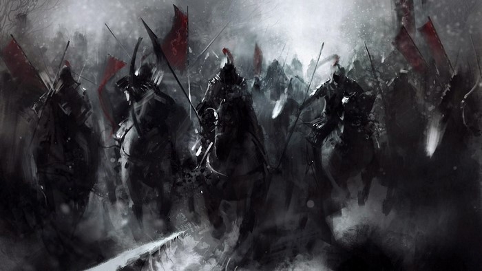 Dark medieval cavalry with red banners