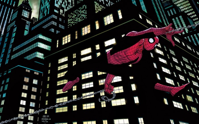 Spider-Man swinging through a dark city at night