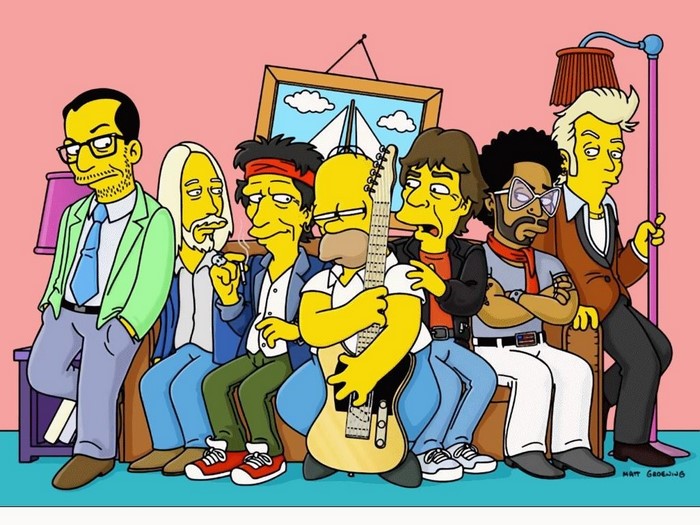 The Simpsons characters with Rolling Stones members and Lenny Kravitz