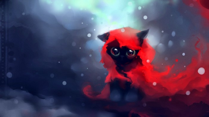 Anime cat with red scarf in snow