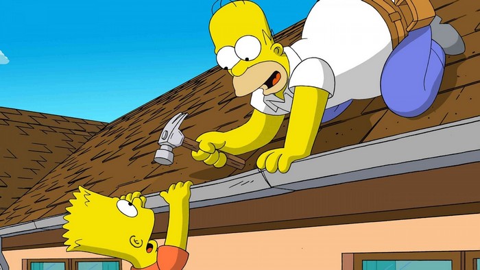 Homer and Bart Simpson on a roof