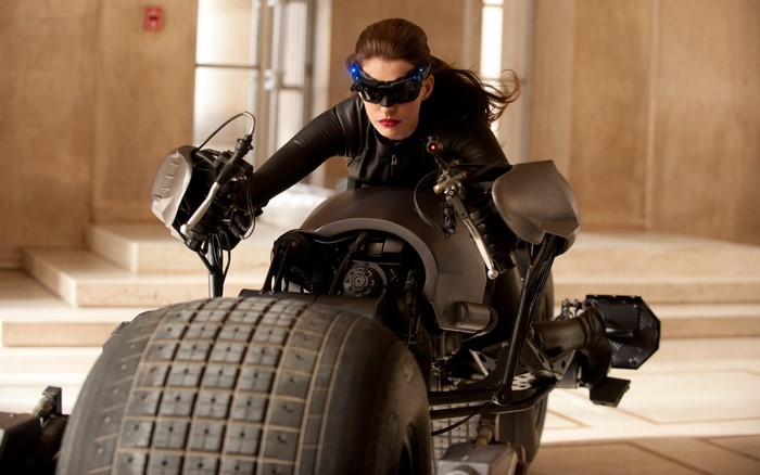 Catwoman from The Dark Knight Rises on a motorcycle