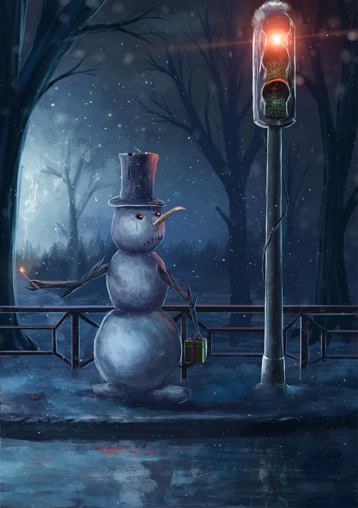 Snowman with a gift and a match by a traffic light