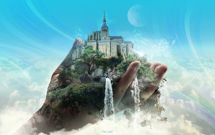 Castle on a hand with waterfalls and clouds