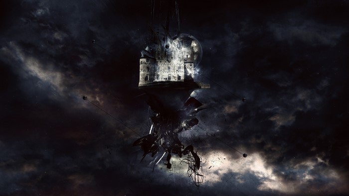 Floating gothic castle in a dark, cloudy sky