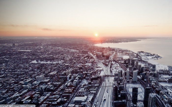 Aerial view of Toronto cityscape at sunset in winter