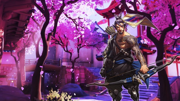 Hanzo from Overwatch with cherry blossoms
