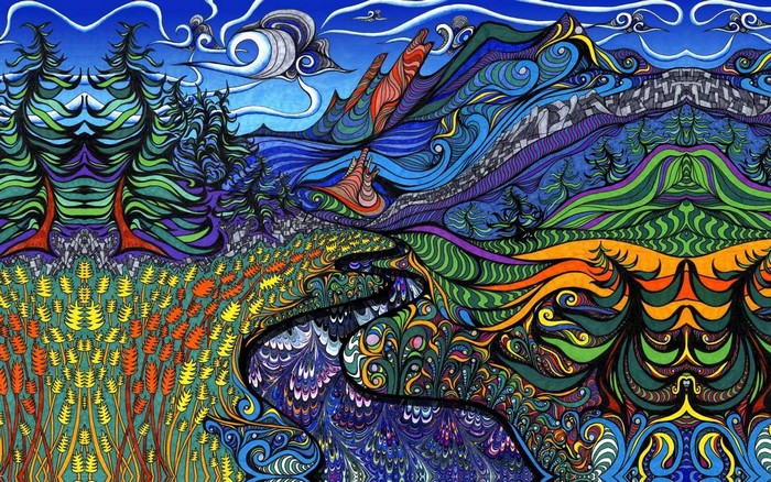 Psychedelic landscape with mountains, trees, and river