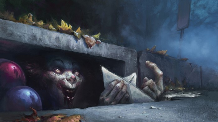 Pennywise from Stephen King's IT with balloons and paper boat