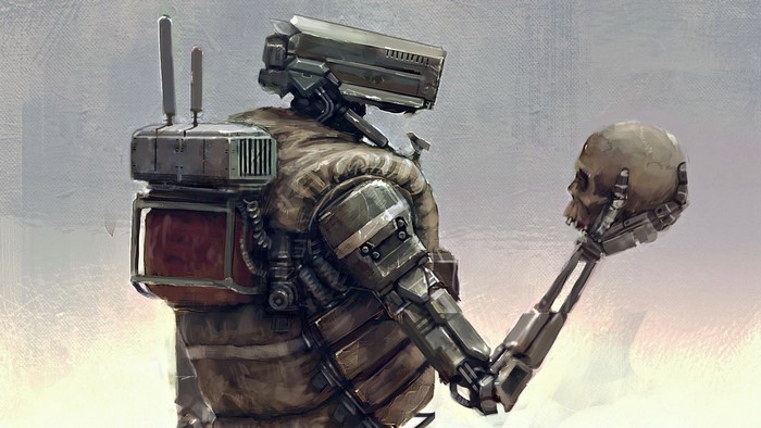 Robot holding a human skull