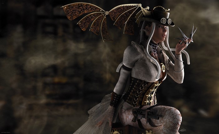 Steampunk woman with mechanical wings holding a bird