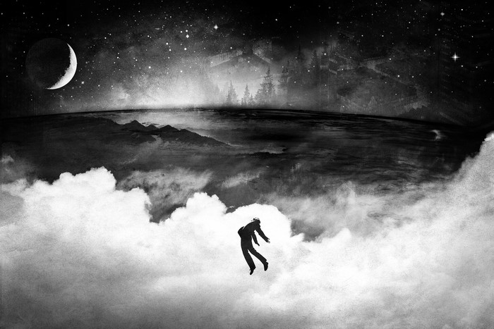 Man falling through clouds under a crescent moon and stars