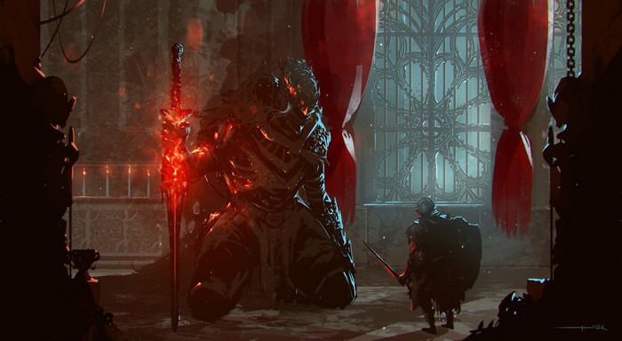 Knight facing a giant demon with a flaming sword in Dark Souls III