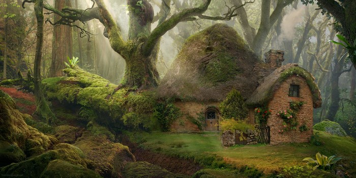 Fantasy forest cottage with mossy trees