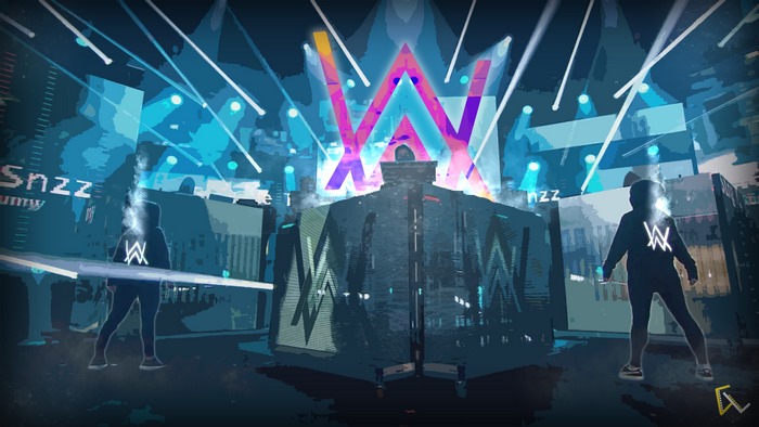 Alan Walker performing on stage with digital art