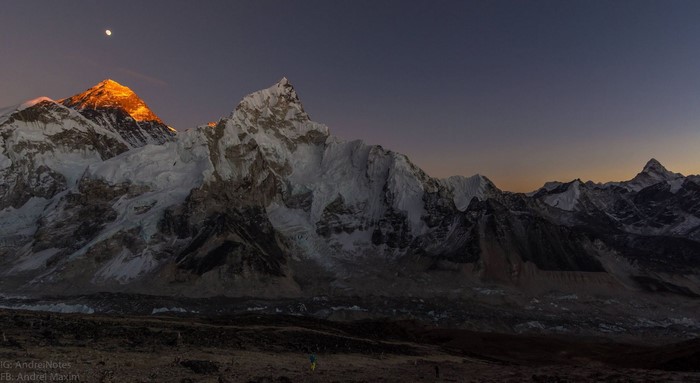 Mount Everest at sunrise with moon