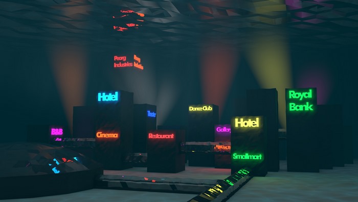 Low poly underwater city with neon signs