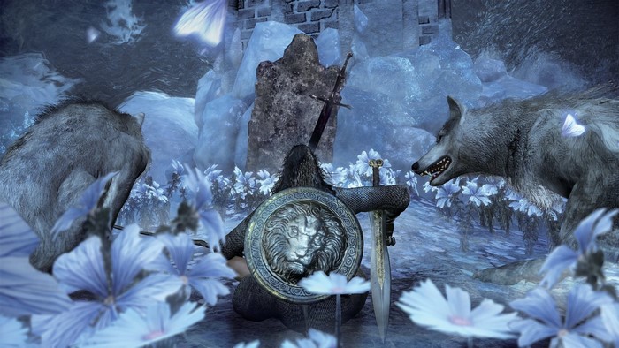 Dark Souls III character with wolves and flowers